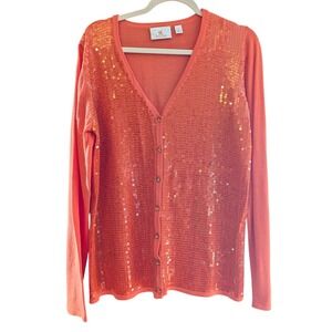 Quaker Factory Orange‎ Sequin V-Neck Button Front Cardigan Sweater L